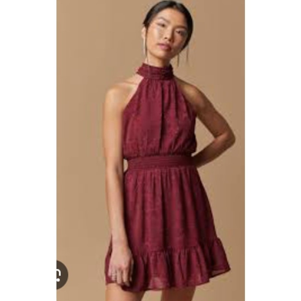 Mi Ami for Francescas Burgundy‎ Floral Jacquard Halter Mini Dress XL Tie Back